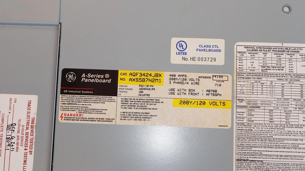 Used General Electric GE ASeries 400A Panelboard Panel AQF3424JBX 208y/120v 3ph 4w 42