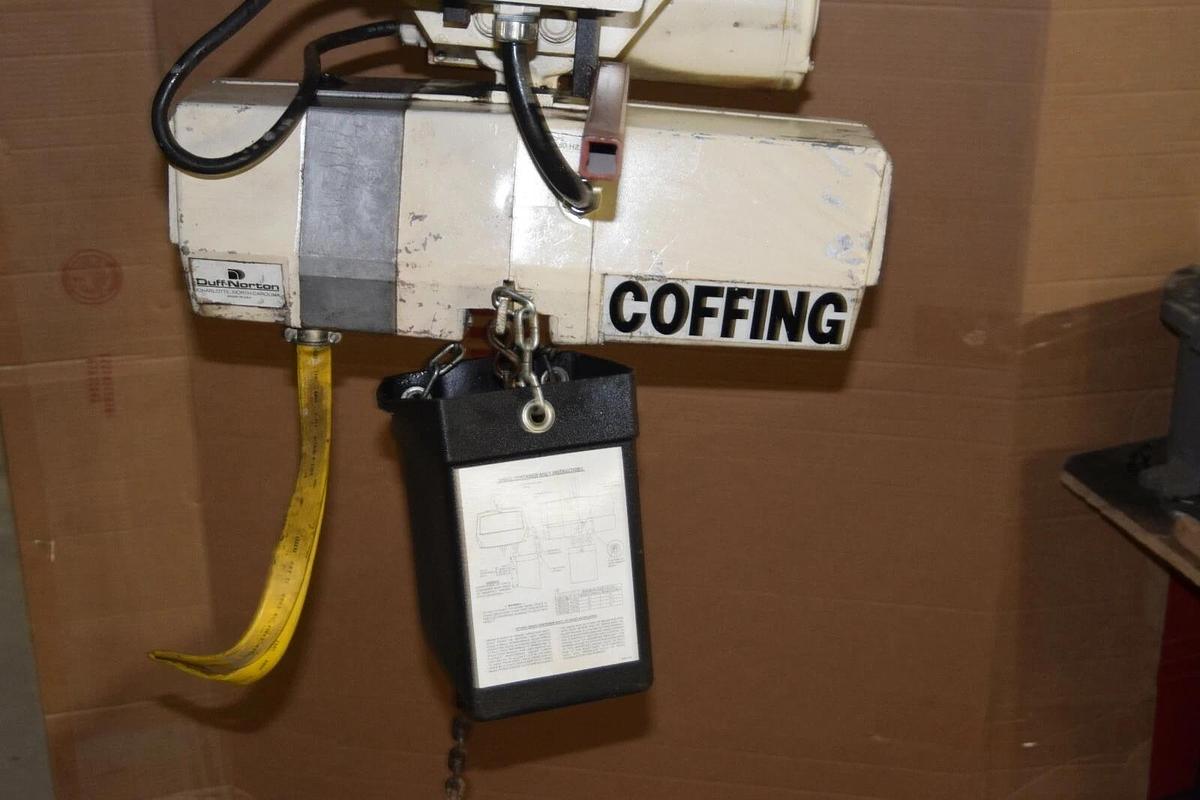 Used Coffing 1/4 Ton Electric Chain Hoist EC05163 15' Lift 230/460v 3ph w/ Trolley