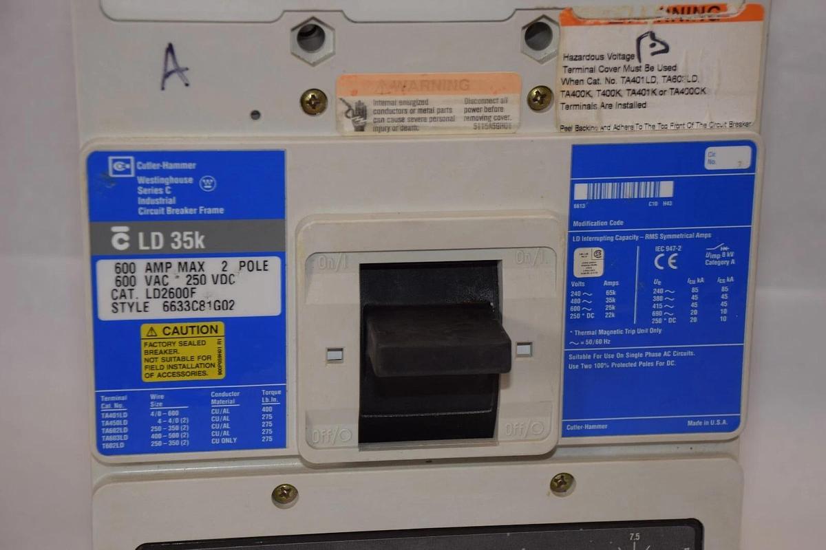 Used CUTLER HAMMER LD2600F , 6633C81G02 600A Amp 2P Circuit Breaker W/LT2600T Trip