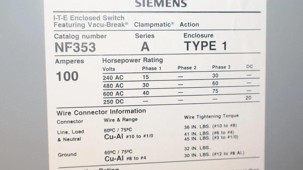 Used SIEMENS I-T-E Enclosed Switch NF353 Ser A 100A 100 Amp 600Vac 3 Phase Heavy Duty