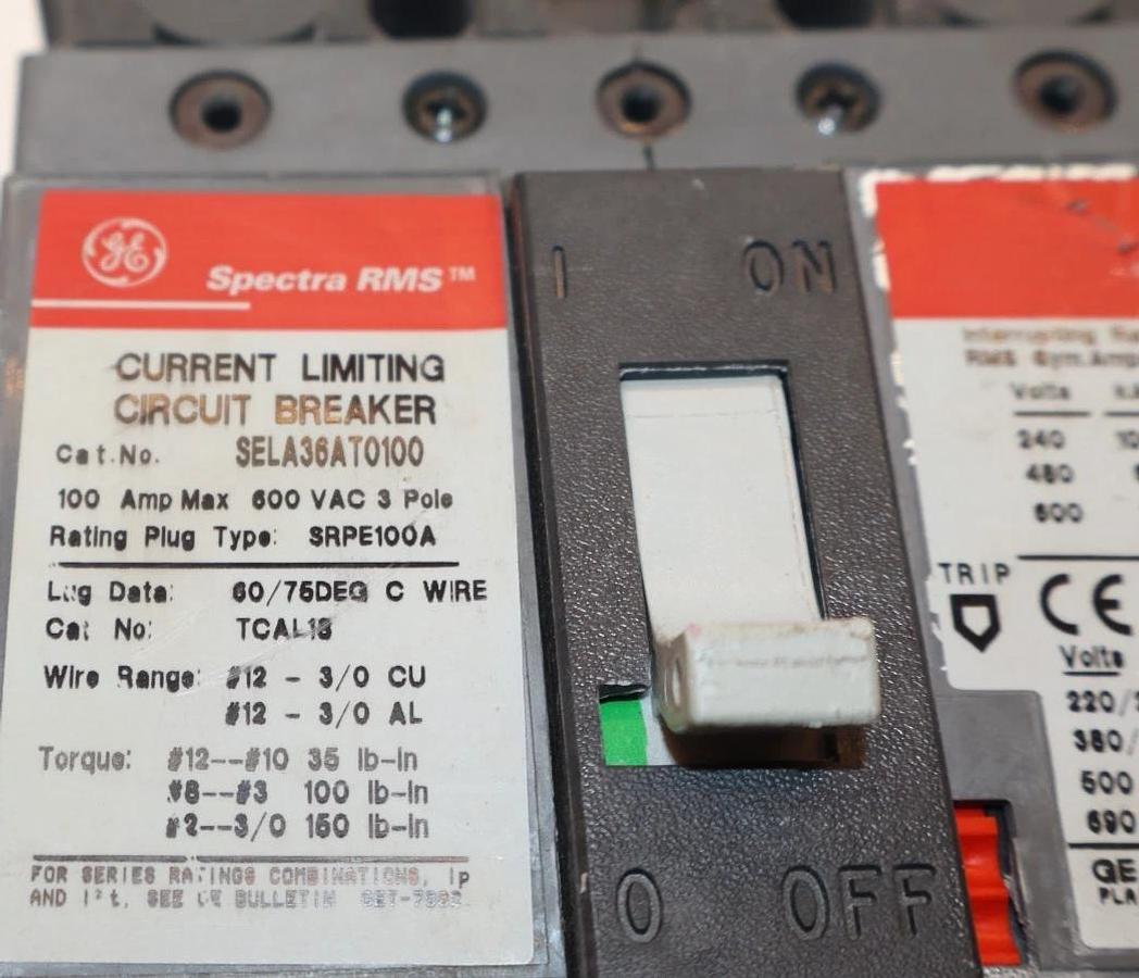 Used GE 100A 100 Amp Spectra Circuit Breaker 600V 3-Pole SELA36AT0100 W/O Plug