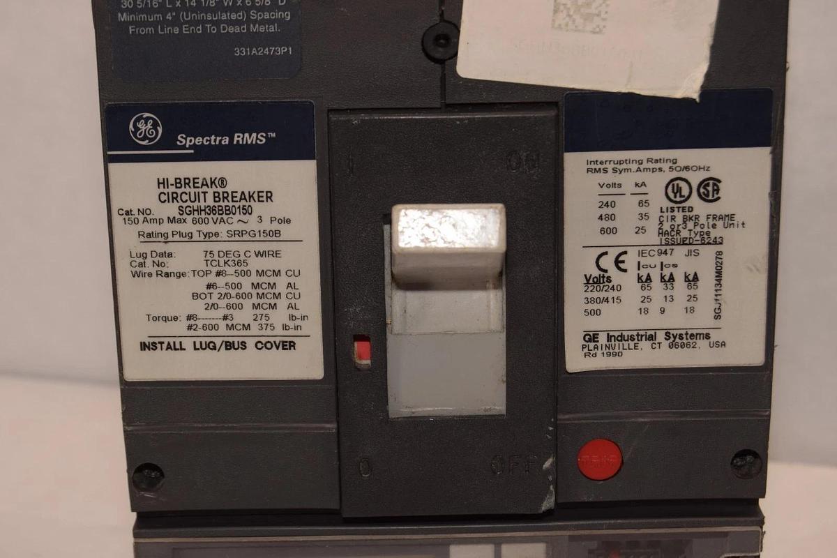 Used GE Spectra RMS Hi-Break Breaker 150A 150 Amp 600v 3p SGHH36BB0150 NO plug