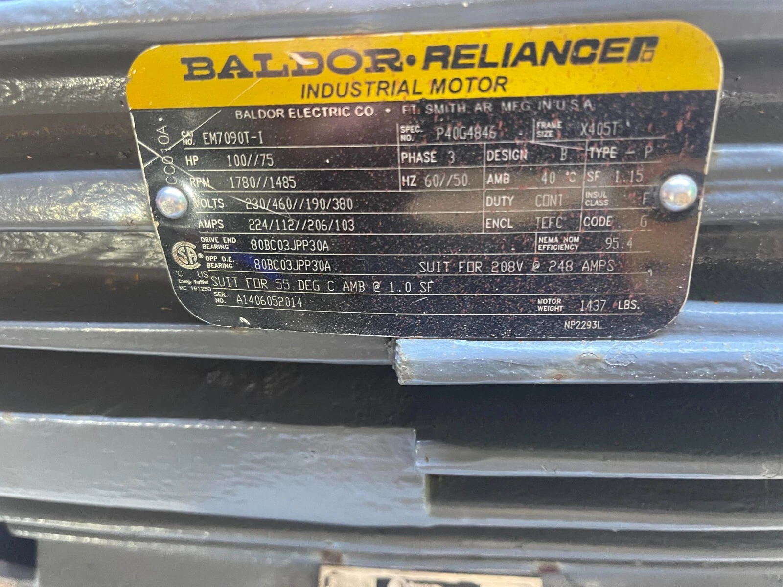Baldor Reliance Industrial Motor EM7090T-I EM7090TI 100hp 3ph 230/460v Refurb