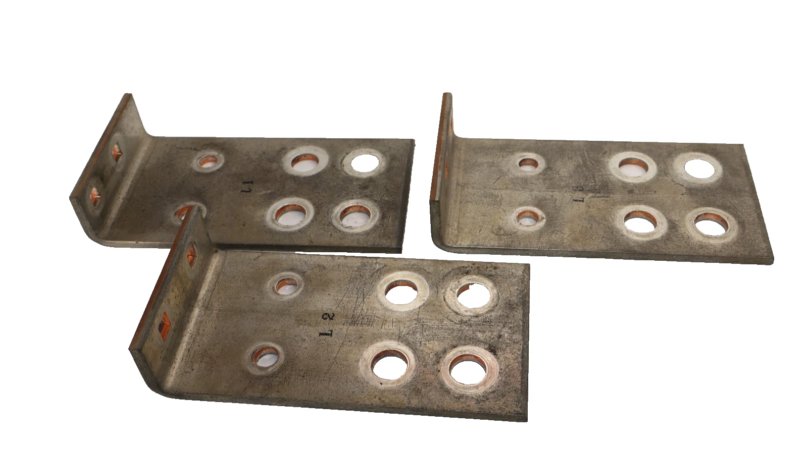 Used 7-1/2" x 4" x 1/4" x 1-1/2" L-Shaped Copper Buss Bar Plate Bracket (Lot of 3)
