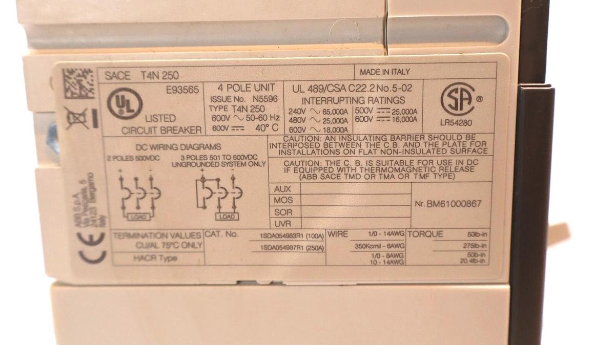 ABB T4NQ250TW-4 , T44P 250A 250 Amp SACE 4TN 250 Tmax Breaker (NEW)