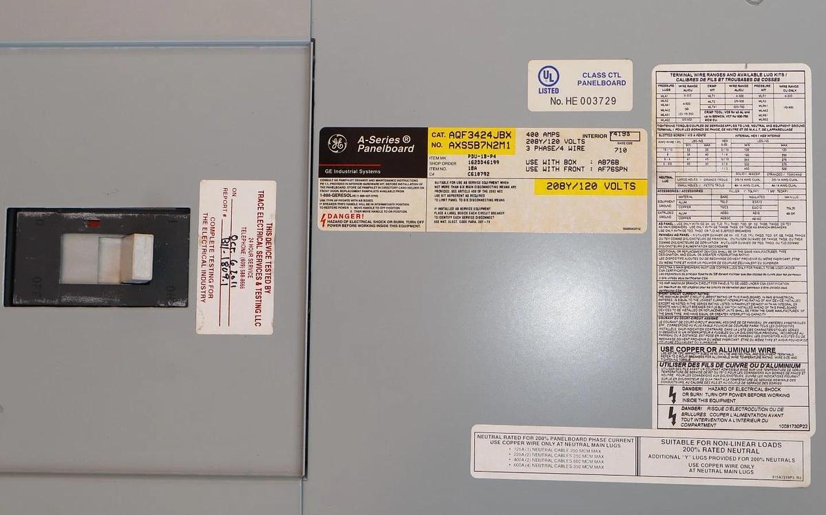 Used General Electric GE ASeries 400A Panelboard Panel AQF3424JBX 208y/120v 3ph 4w 42