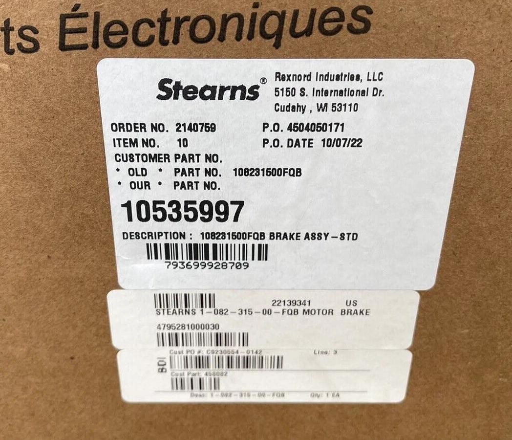 Used (New) STEARNS 1-082-315-00-FQB Motor Brake 10535997, 108231500FQB Brake Assembly