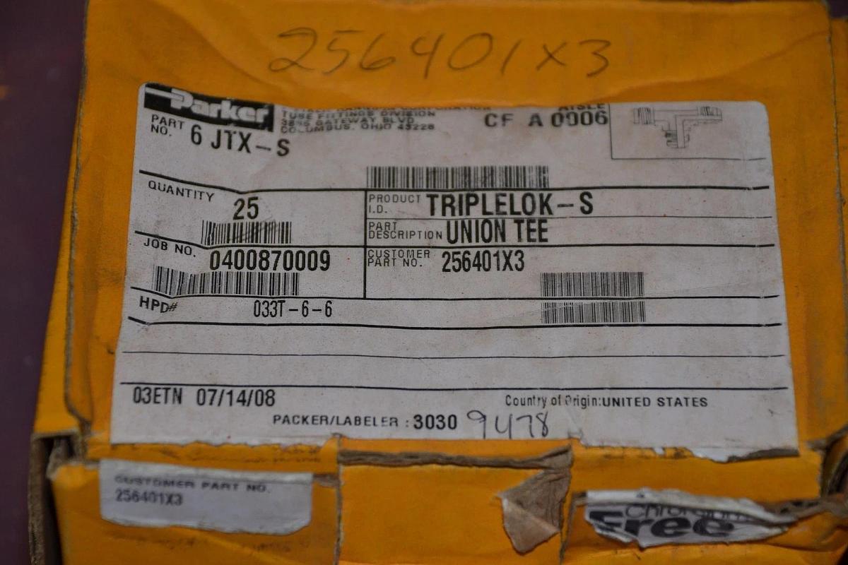 Box of 25 Parker Truplelok-S Union Tee Fitting 6 JTX-S 6JTX-S NEW