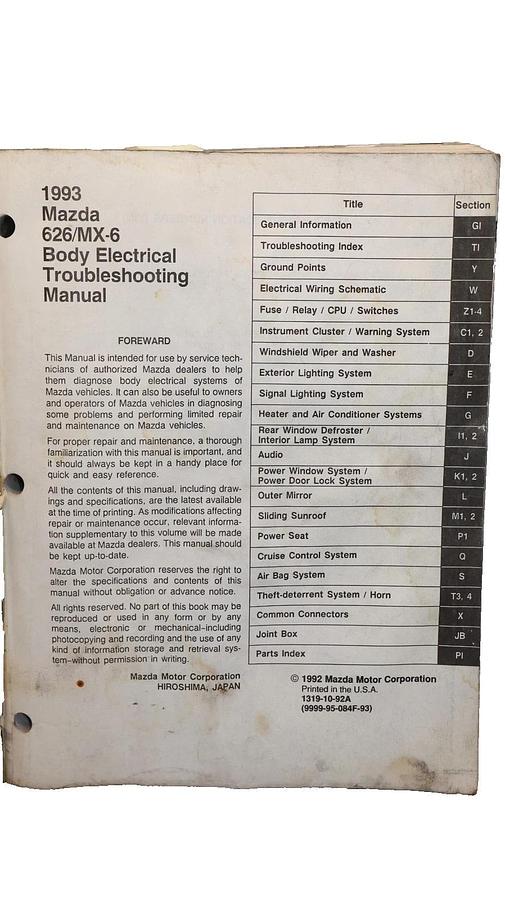 Used Mazda 626 MX-6 1993 Body Electrical Troubleshooting Manual