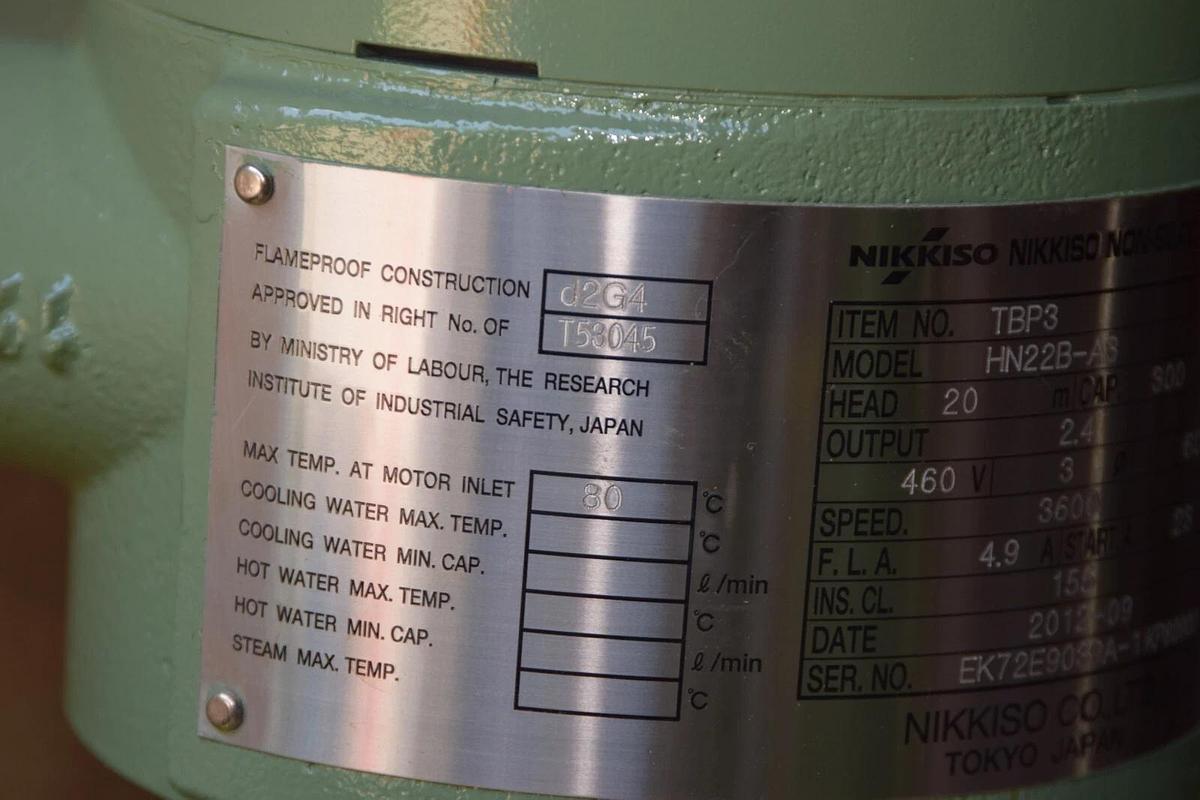 Nikkiso Non-Seal Pump TBP3 HN22B-A3 HN22BA3 Head: 20m 2.4kw 460v 300 L/min (NEW)