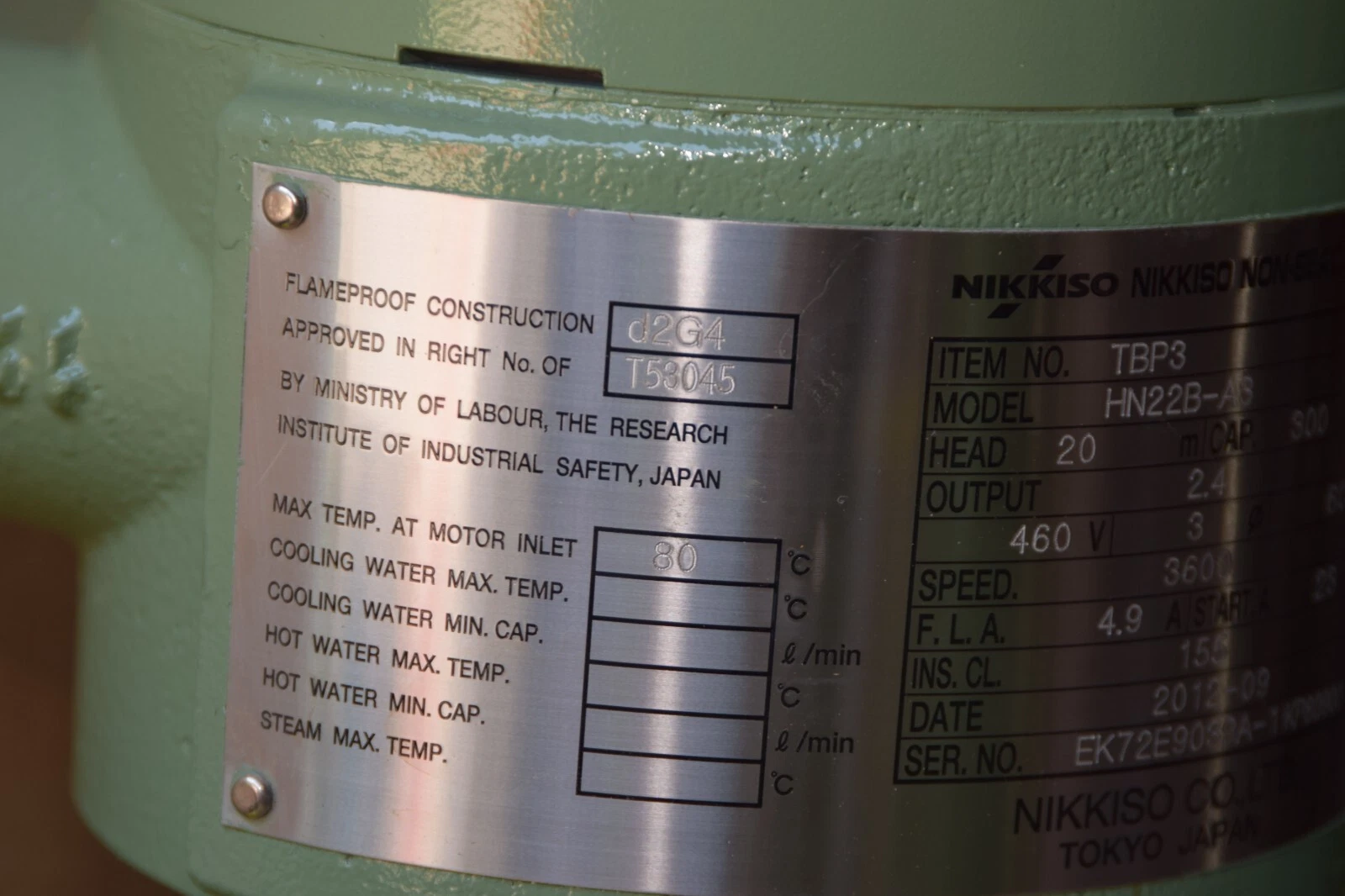 Nikkiso Non-Seal Pump TBP3 HN22B-A3 HN22BA3 Head: 20m 2.4kw 460v 300 L/min (NEW)