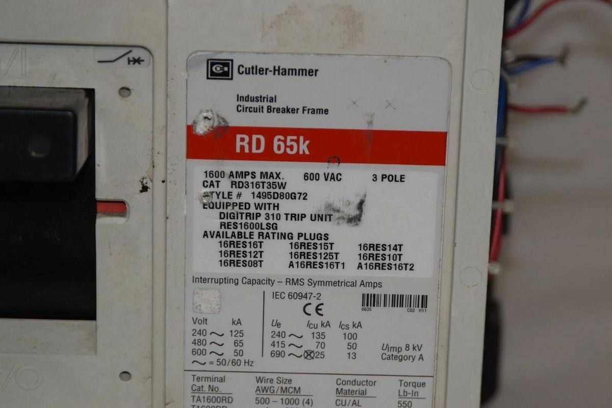 Used Cutler Hammer RD 3 pole 1600 amp RD316T35W Circuit Breaker RD316T35W RES1600LSG