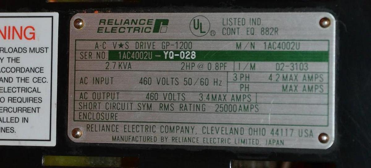Used Reliance VS Variable Speed Drive GP-1200 1AC4002U 2.7kva 2.7 kva 2hp 2 hp 3ph