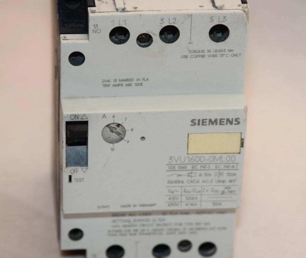 Used SIEMENS 3VU1600-0ML00 3VU16000ML00 6-10A 50/60Hz Motor Starter Breaker