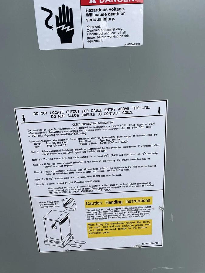 Refurbished GE Transformer 9T83B2670 1 Phase 15kVA 480V - 120/240V Type QL General Electric