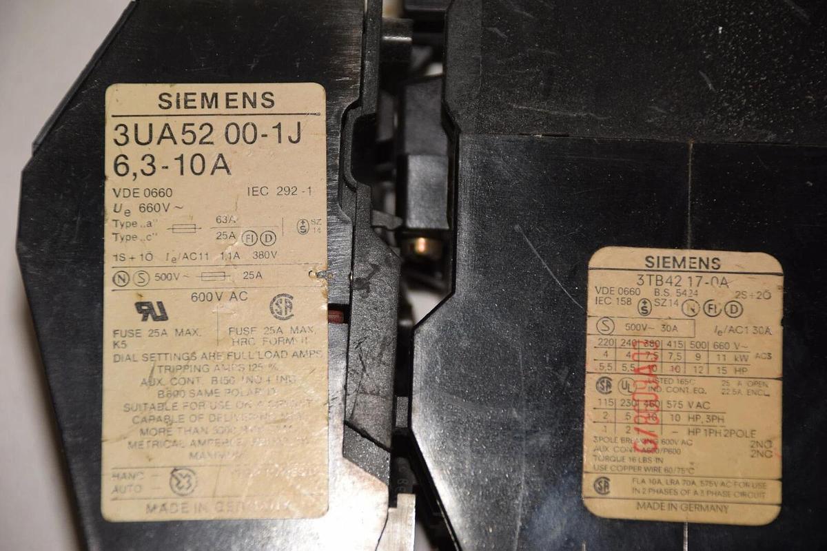 Used SIEMENS 3UA5200-1J 6,3-10A WITH 3 TB4217-0A 3UA52 & 3TB42 500V 30A 3PH CONTACTOR
