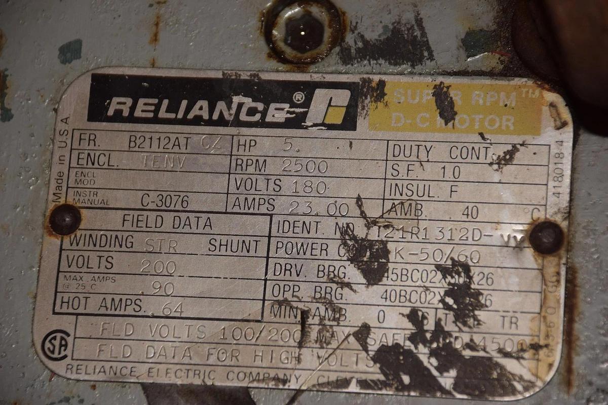 Used RELIANCE 5HP DC Motor, B2112ATCZ 180V, 2500RPM   5 HP