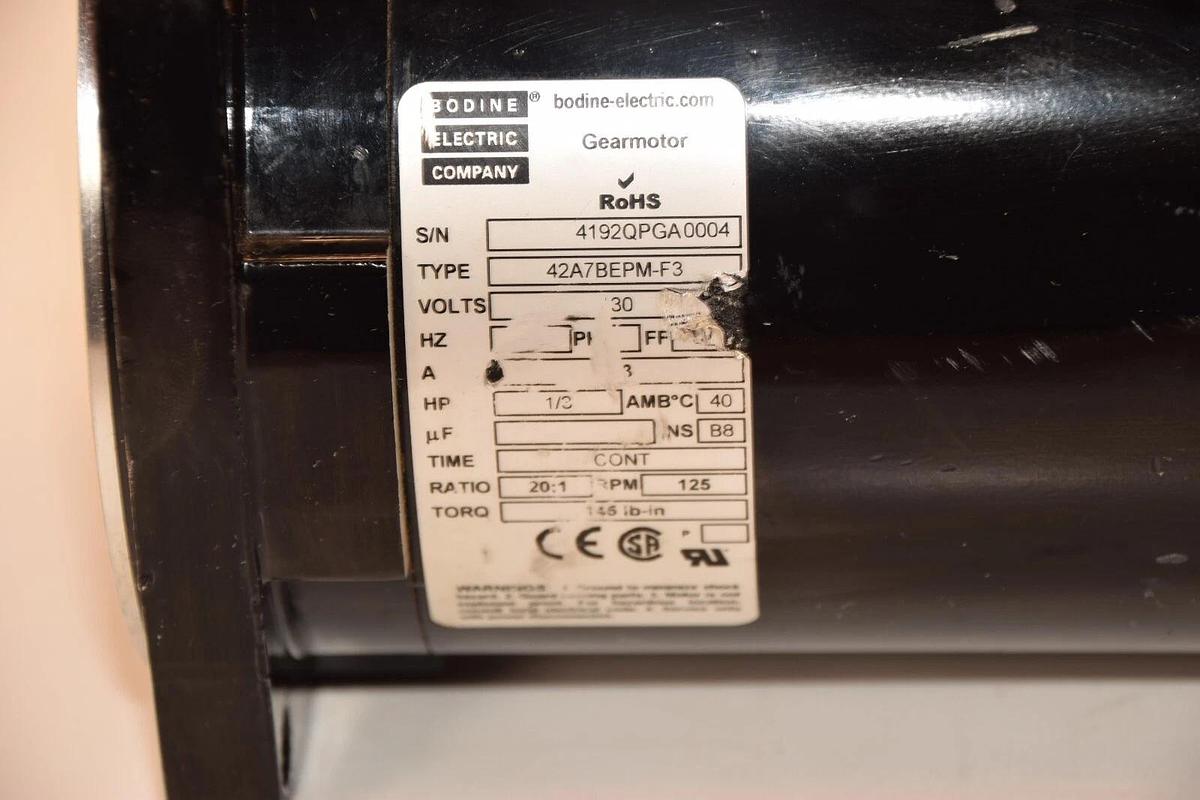 Used BODINE ELECTRIC COMPANY 42A7BEPM-F3 30V 1/3HP 20:1 Ratio 125rpm Gearmotor