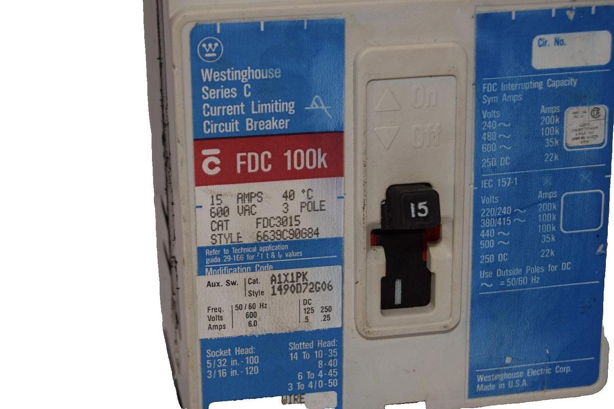 Used Westinghouse 15A Circuit Breaker FDC3015 15 Amp 3P 600V Series C