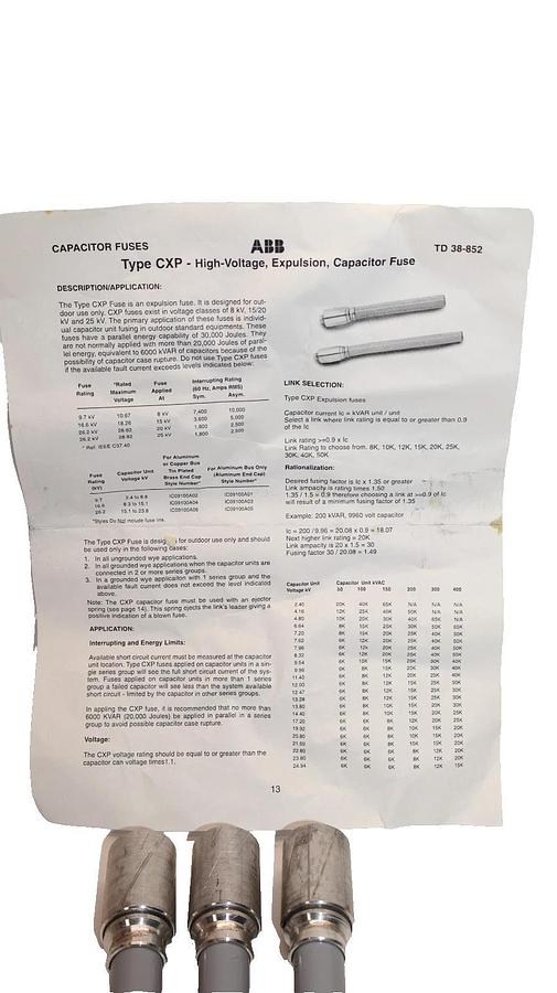 ABB 1C09100A03 16.6KV 50A Amp CXP Capacitor Fuse (New - Lot of 3)