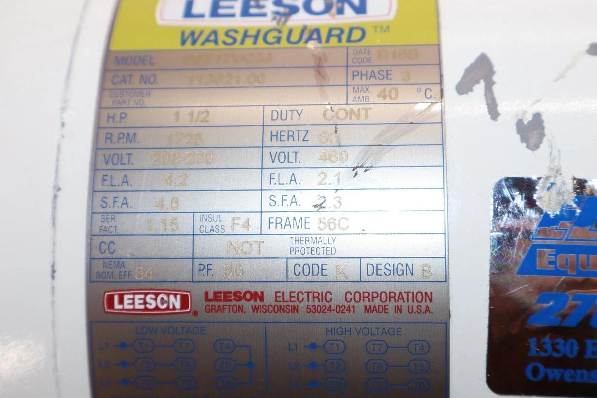 Leeson Washguard Motor C6T17VC3J 113021.00 3ph 1.5hp 208/230/460v NEW-TAKEOUT