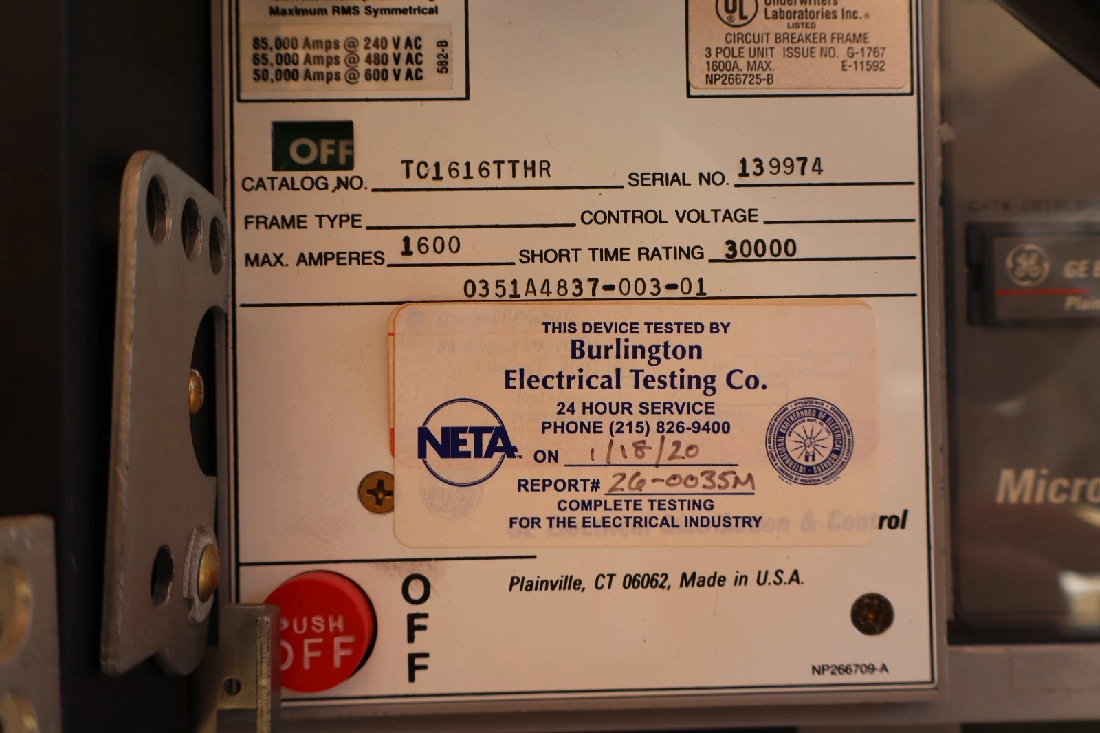 Used GE Power Break Breaker 1600 Amp 1600A TC1616TTHR C216LSHG Plug TR16B1000 1000a