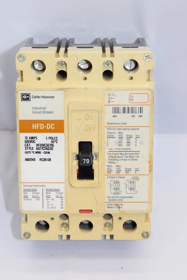 (NEW) CUTLER HAMMER HFDDC3070L 70A 70 Amp 3P 600Vdc Industrial Circuit Breaker
