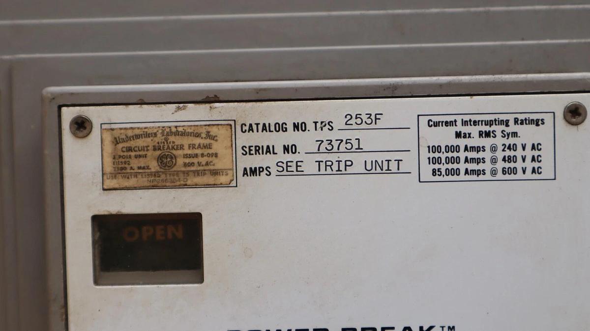 Used GE General Electric TPS253F 2500A Power Break Circuit Breaker 600v w/ 2500a Trip