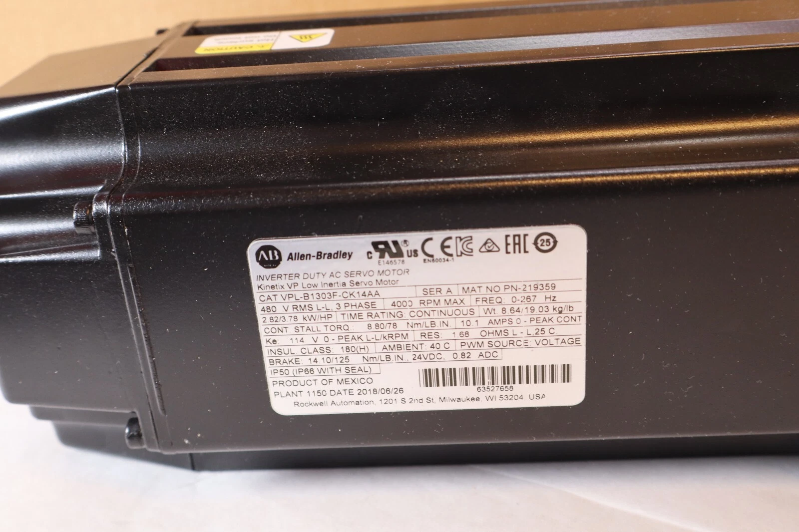ALLEN BRADLEY Kinetix VP Servo Motor VPL-B1303F-CK14AA 3ph 2.82kw 3.78hp NEW