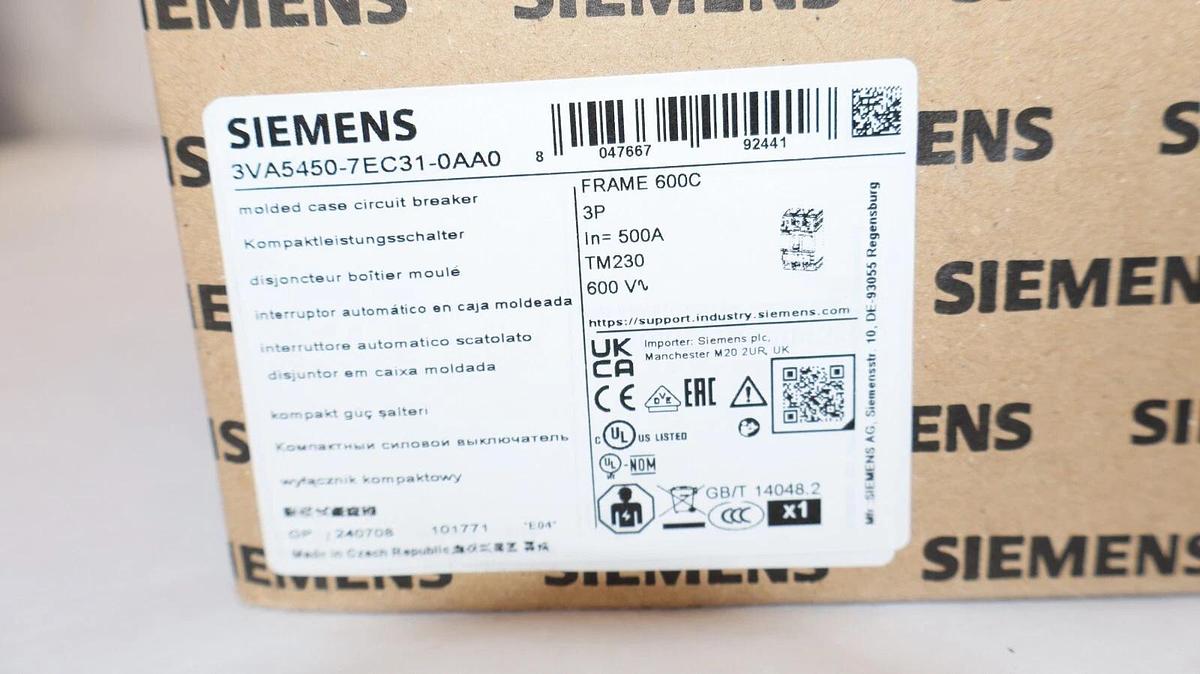 Siemens Circuit Breaker 500A 500 Amp 3VA5450-7EC31-0AA0 3VA5 3p 600v TM230 *NEW*