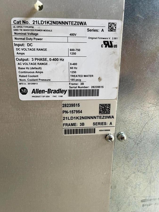Used ALLEN BRADLEY 700L AC Liquid Cooled Drive 21LD1K2N0NNNTEZ0WA 480v 1250a Ser. A