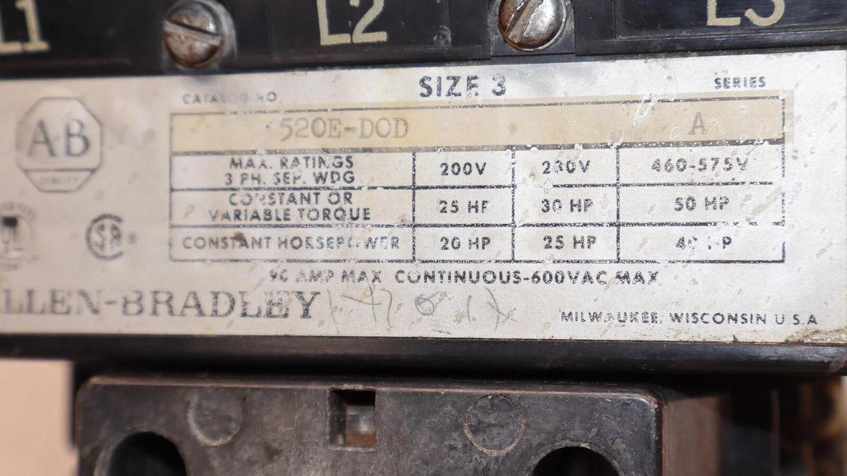 Used ALLEN BRADLEY 520E-DOD Size Sz 3 Ser A Contactor 592-D0W16 Relay 120V Coil 3ph