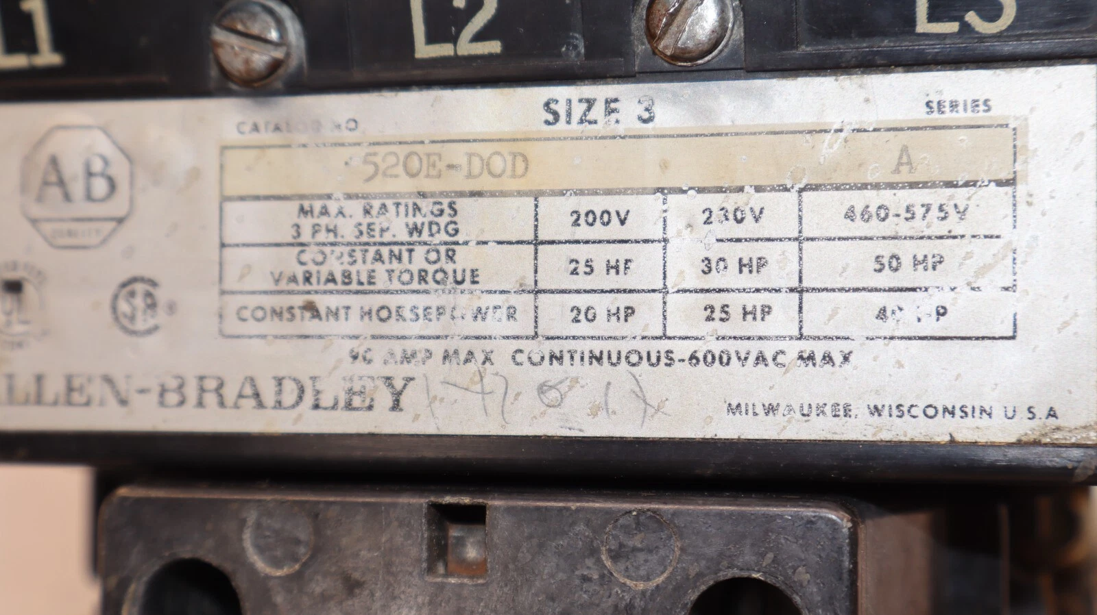 Used ALLEN BRADLEY 520E-DOD Size Sz 3 Ser A Contactor 592-D0W16 Relay 120V Coil 3ph