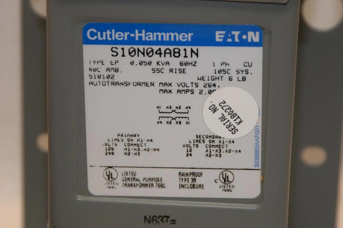 (NEW) EATON CUTLER HAMMER S10N04A81N 1 Phase .050kva 120/240V Transformer
