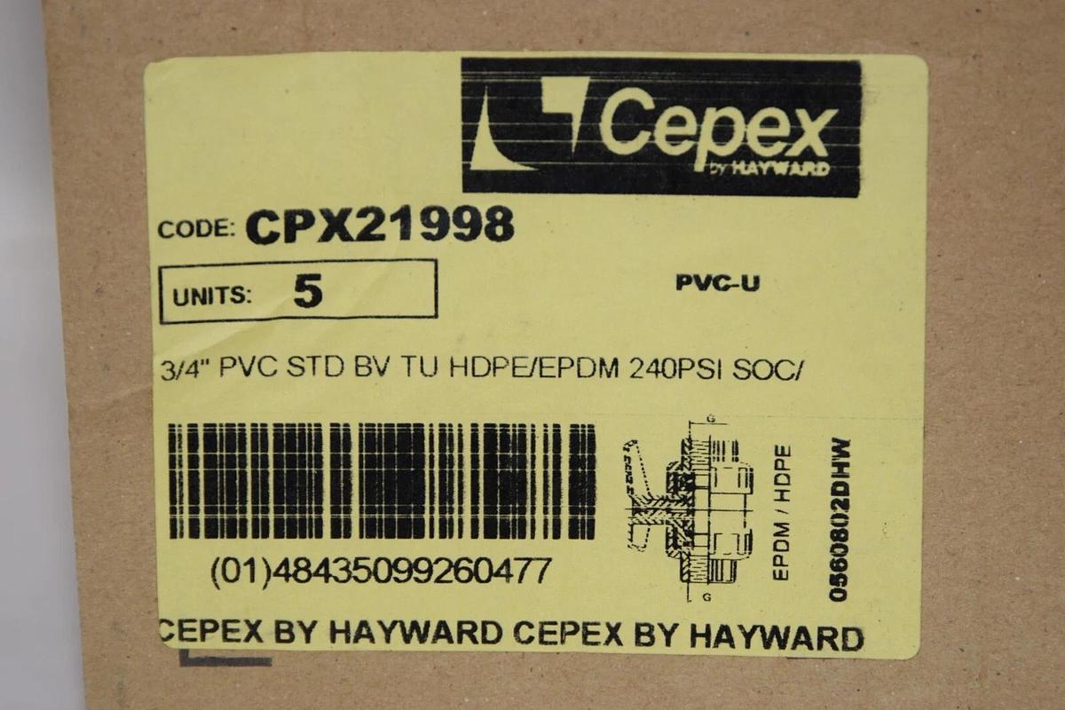 (NEW) CEPEX Hayward CPX21998 3/4" PVC STD HDPE/EPDM 240psi Ball Valve
