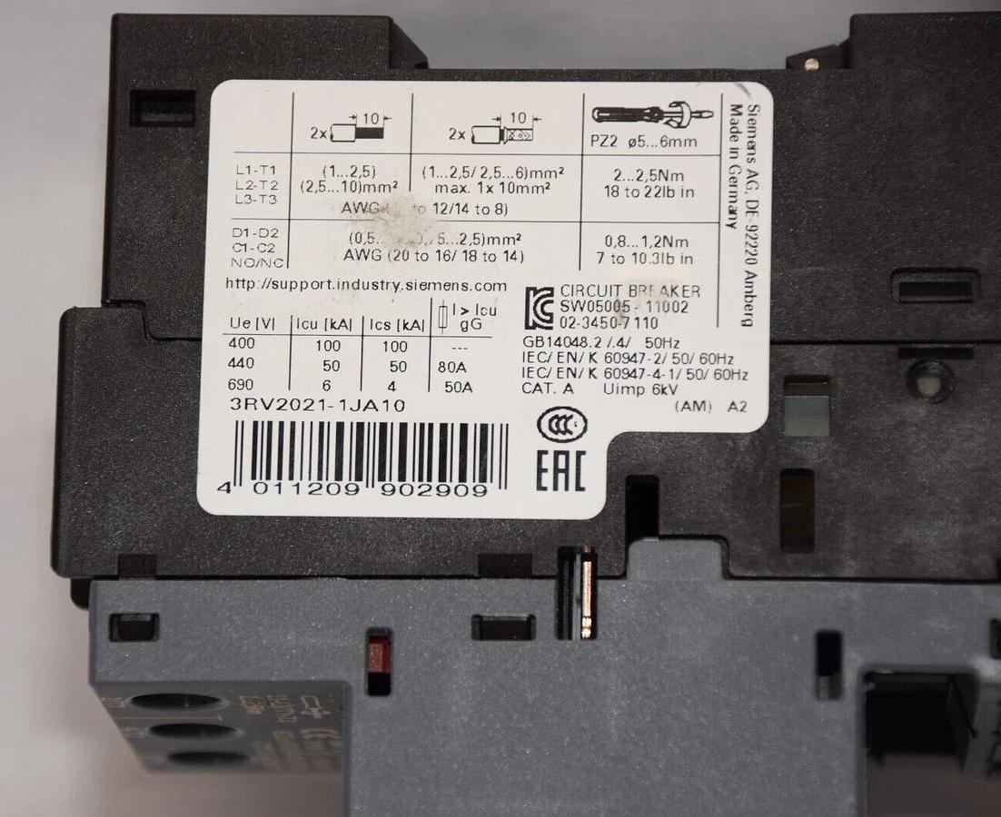 Used SIEMENS 3RV2021-1JA10 , 3RV20211AJ10 7-10A Circuit Breaker *missing cover* 4011209902909