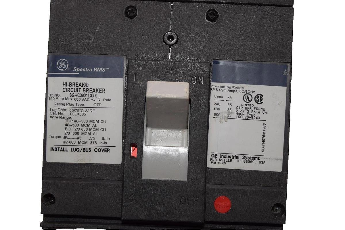Used GE Spectra RMS Hi-Break Breaker 150A 150 Amp 600v 3p SGHC3601L3XX 125a plug