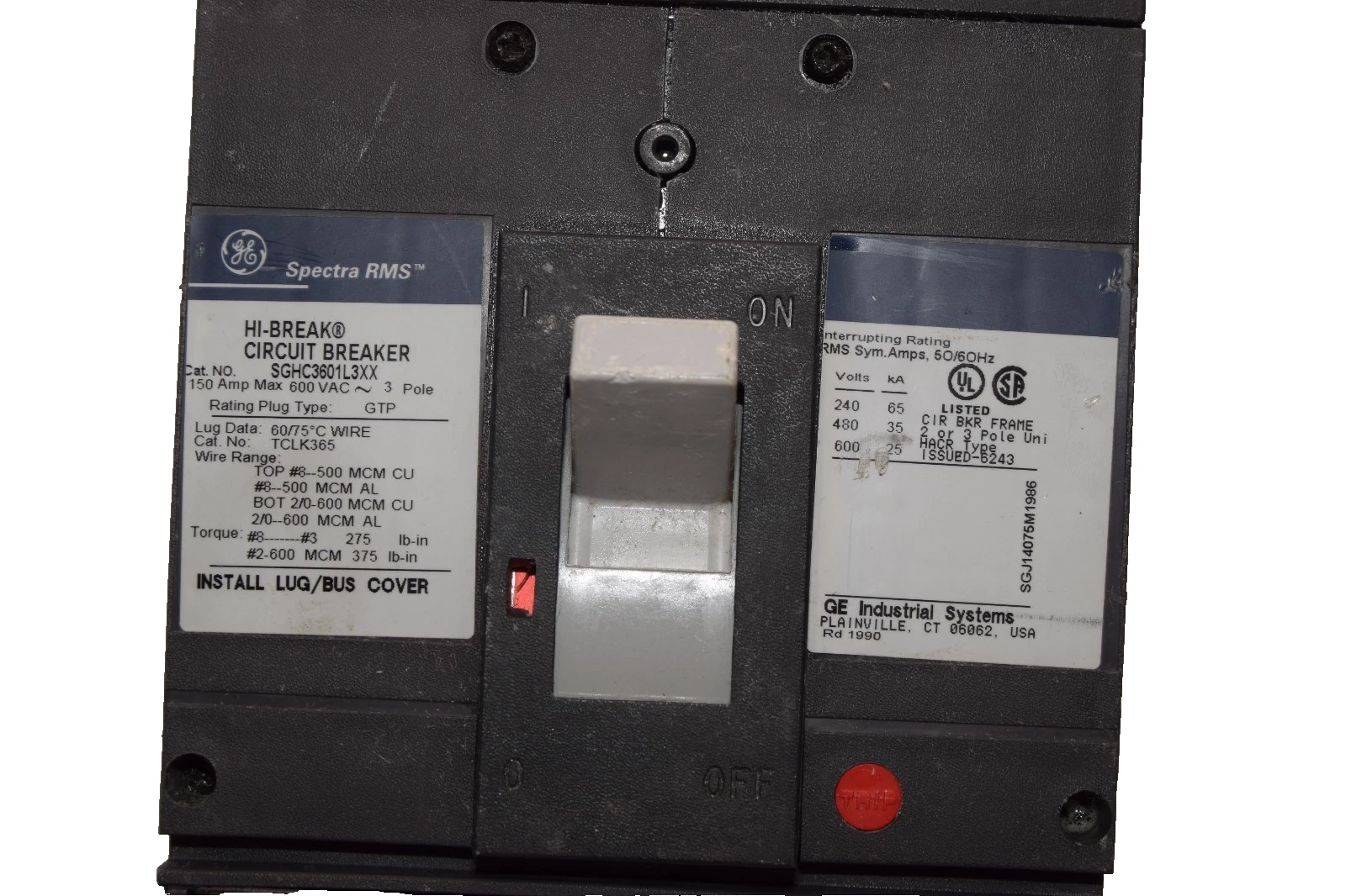 Used GE Spectra RMS Hi-Break Breaker 150A 150 Amp 600v 3p SGHC3601L3XX 125a plug