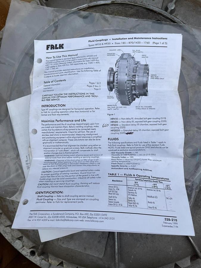 FALK Fluid Coupling 1669HFD20 1669 HFD 20 1669 HFD20 (NOS)
