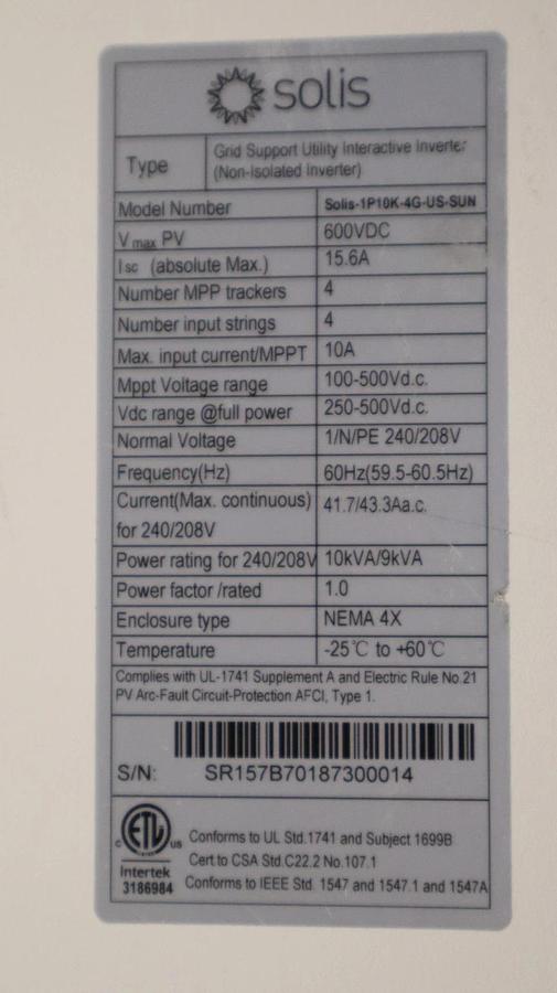 Used Solis Sunrun Non-Isolated Inverter Solis-1P10K-4G-US-SUN 600VDC Grid Support