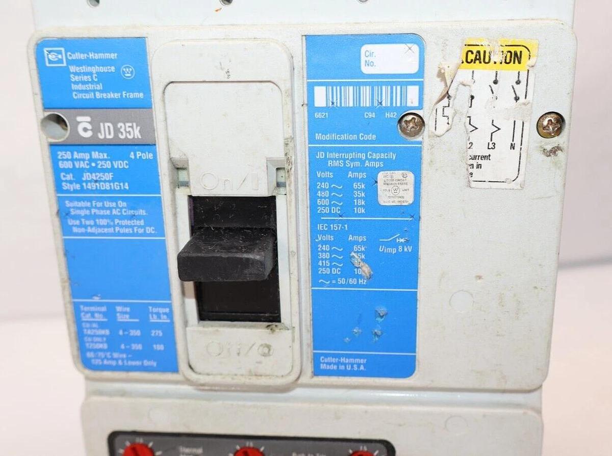 Used Westinghouse Cutler Hammer Circuit Breaker 250a JD35k JD4250F 4p 600v 225a trip