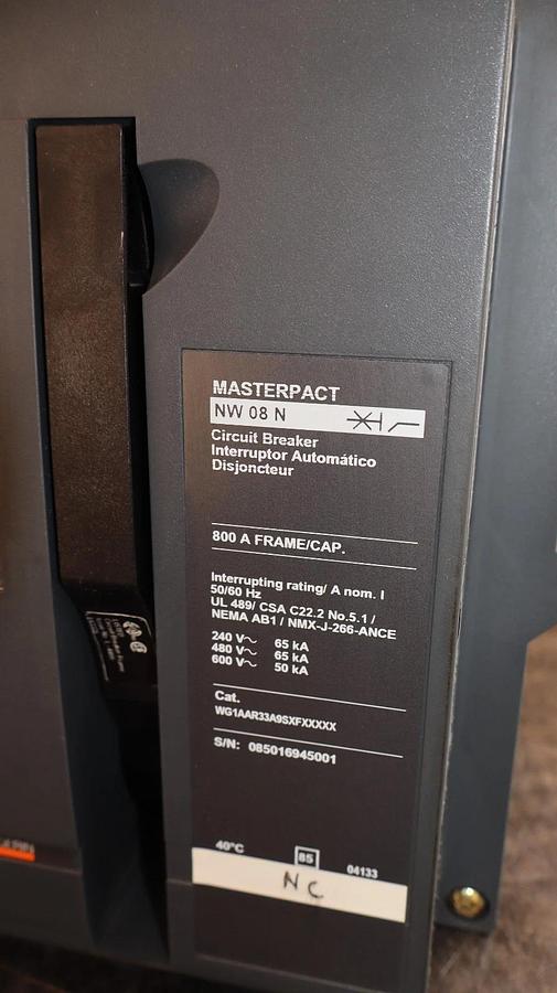 Refurbished Square D Circuit Breaker Masterpact NW08N 800A Micrologic 5.0 WG1AAR33A9SXFXXXXX