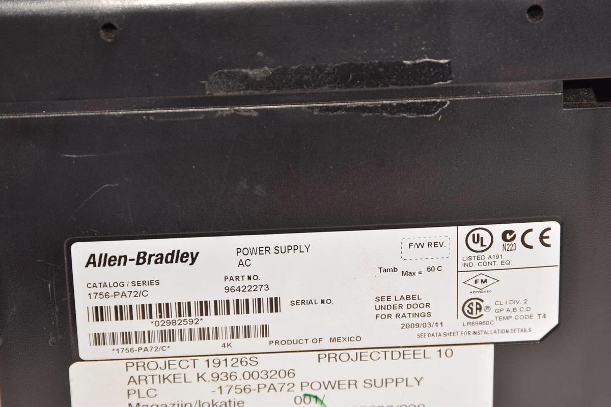 Used ALLEN BRADLEY 1756-A13 Ser. B 13 Slot Chassis W/ 1756-PA72/C Power Supply