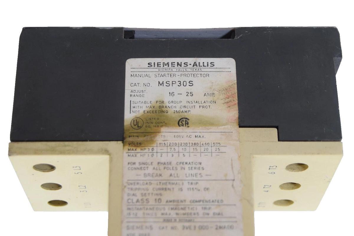 Used Siemens Allis Manual Starter Protector MSP30S 16-25 Amp (see pics)