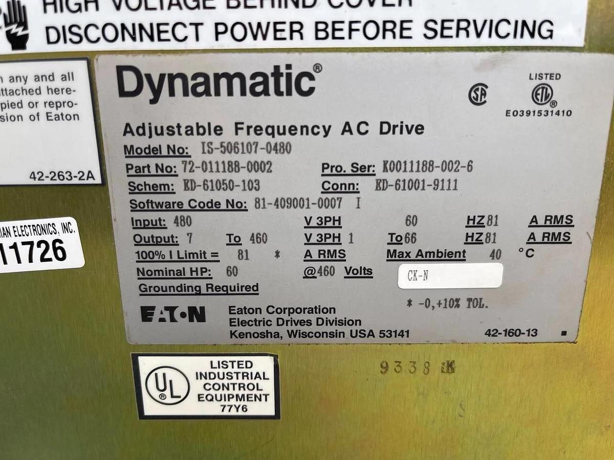 Refurbished EATON Dynamatic IS5000+ AFD AC Drive IS-506107-0480 72-011188-002 480v 3ph 60hp