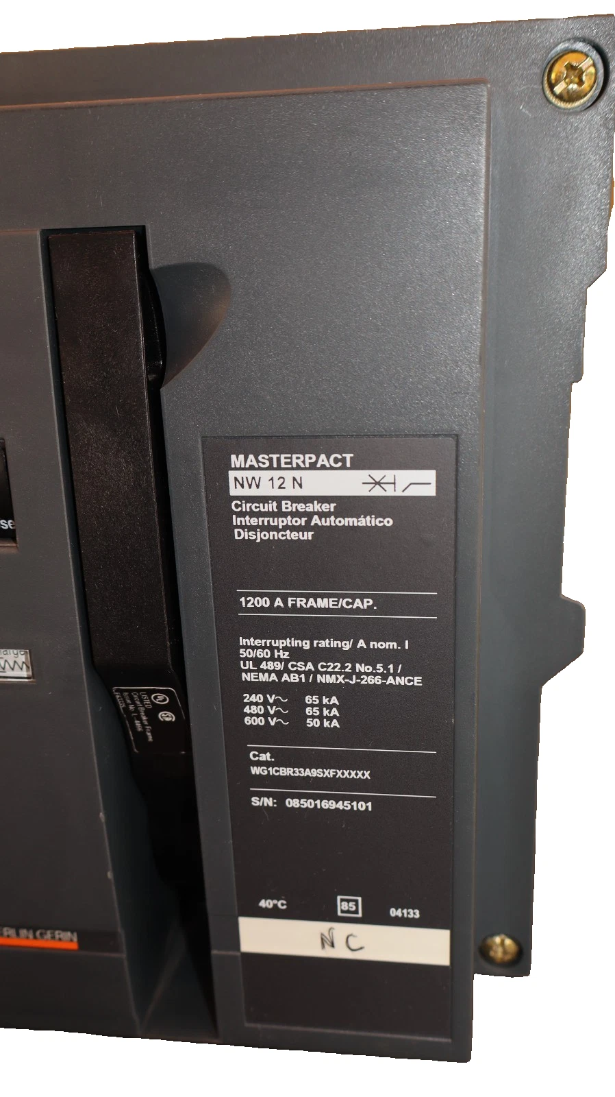 Refurbished Square D Masterpact Breaker NW12N 1200A WG1CBR33A9SXFXXXXX Micrologic 5.0 1000A