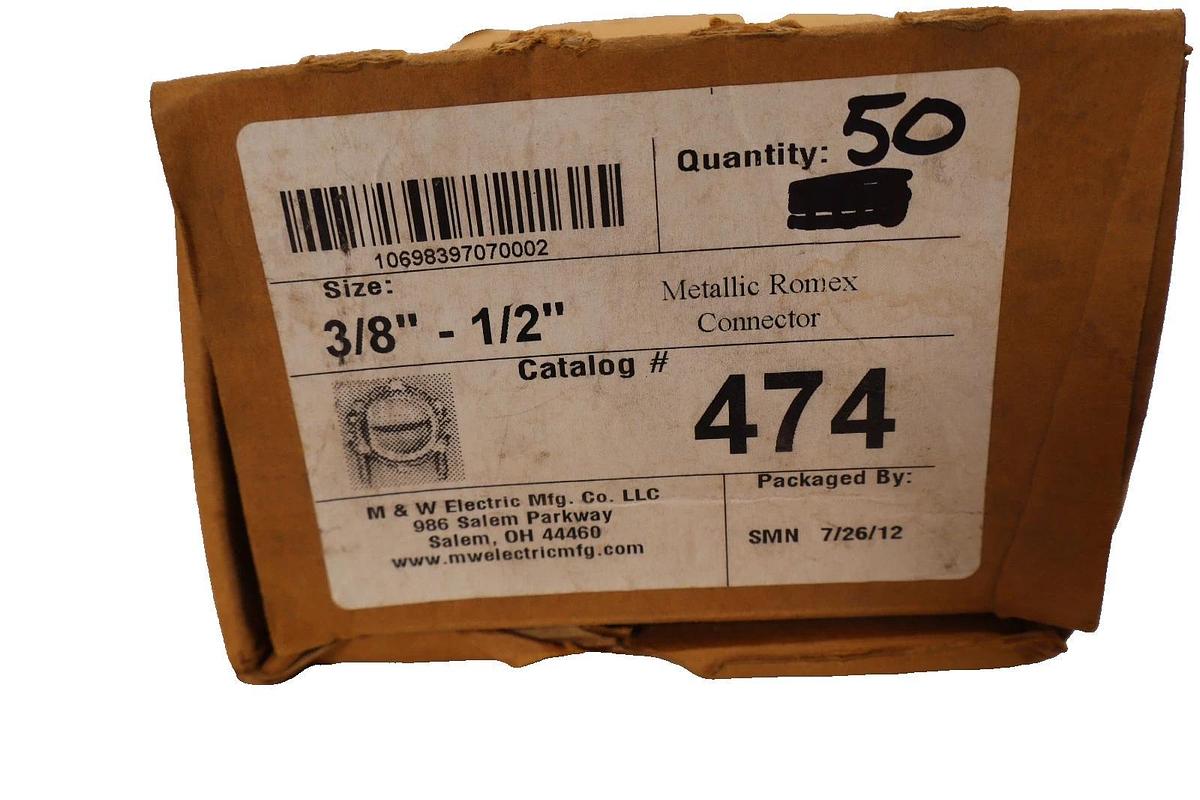 M&W Electric Mfg. 474 , 3/8"-1/2" Metallic Romex Connector (New - Box of 50)
