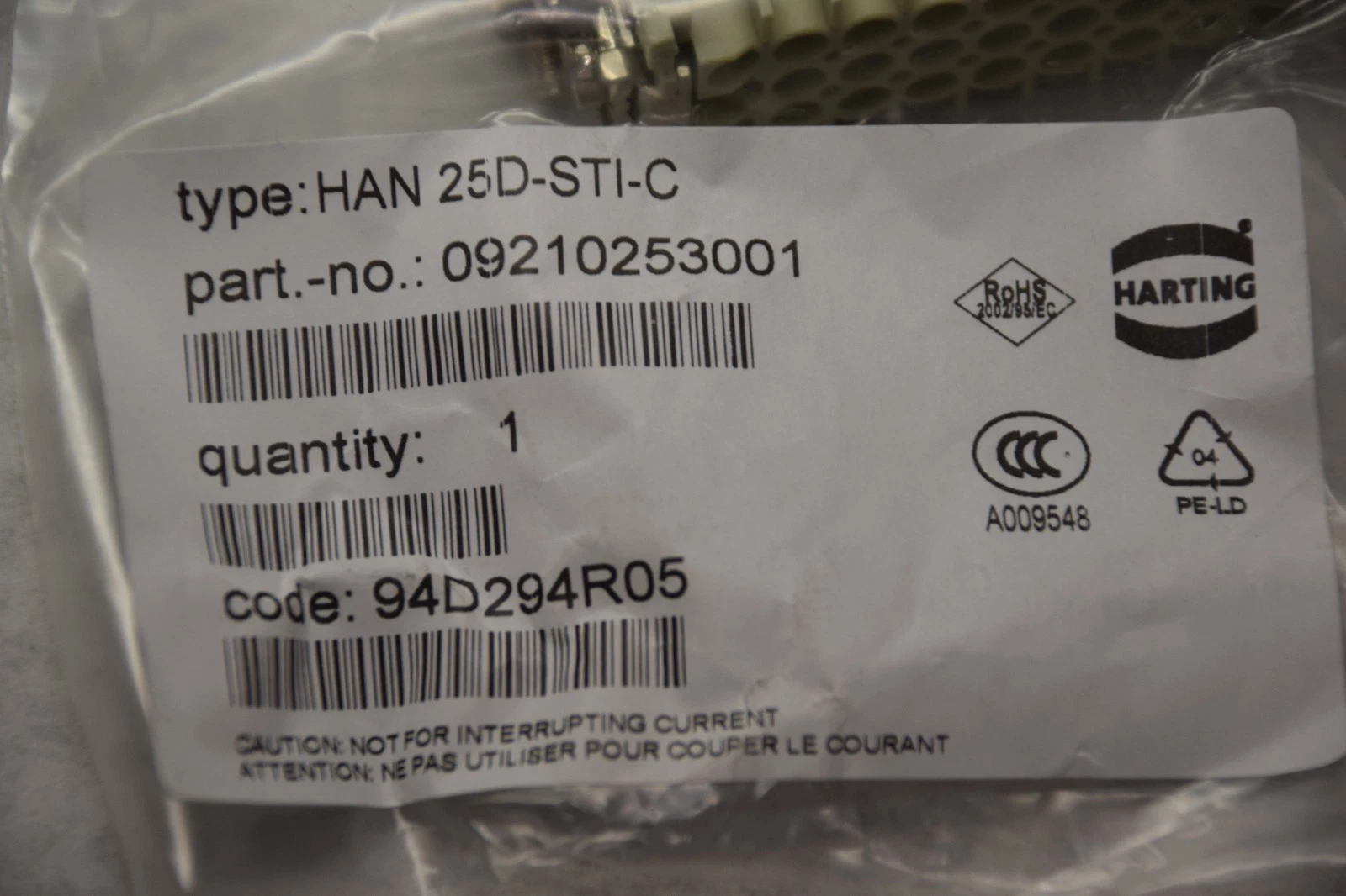 HARTING HAN 25D-STI-C HAN25DSTIC INSERT CONNECTOR NEW