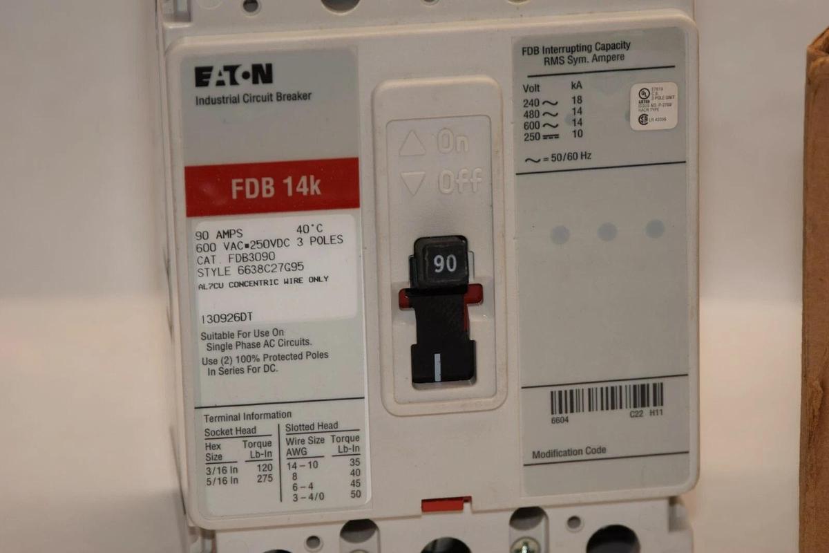 (NEW) EATON CUTLER HAMMER FDB3090 90A 90 Amp 90 A 3P 600Vac Circuit Breaker