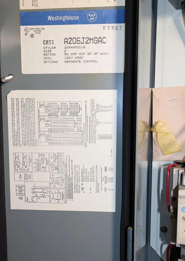 Westinghouse Motor Control Starter Disconnect Size Sz 2 A206J2MGAC 50a 25hp NOS